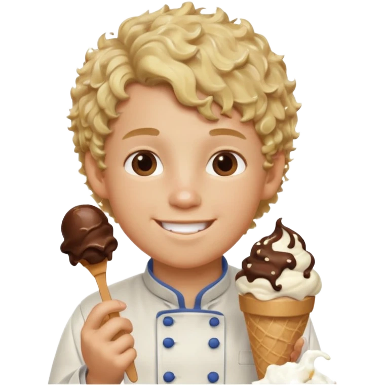 boy blonde curly hair, chef, eating chocolate ice cream emoji