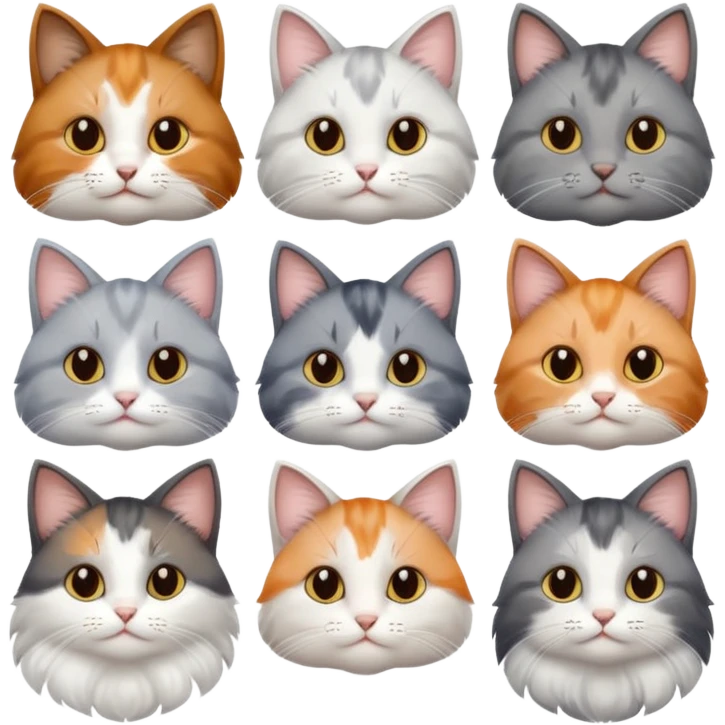 6 realistic looking cats with different natural coloured coats, assorted grey and white, greys, calico, brown and white colours etc
 emoji
