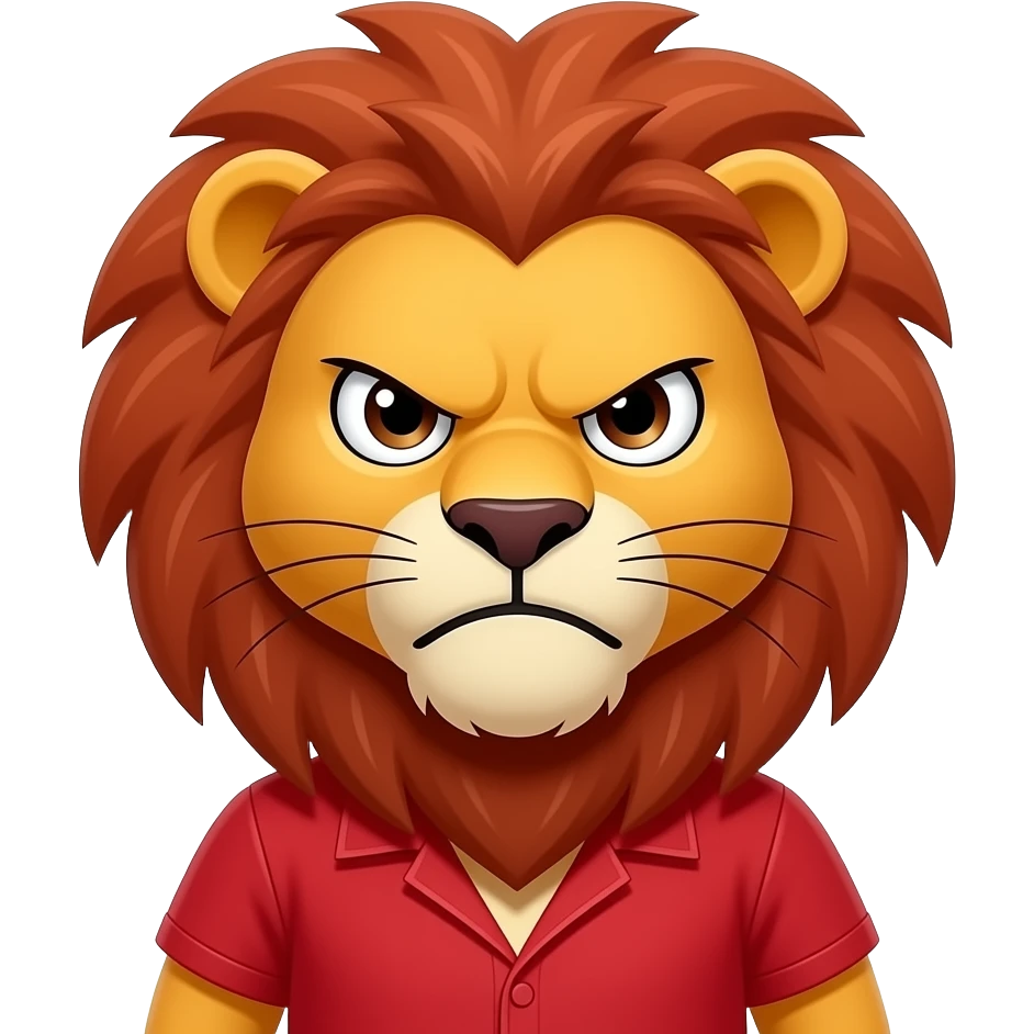 A little red lion shaped like a little human dressed in red, looking at us with a very angry expression. emoji
