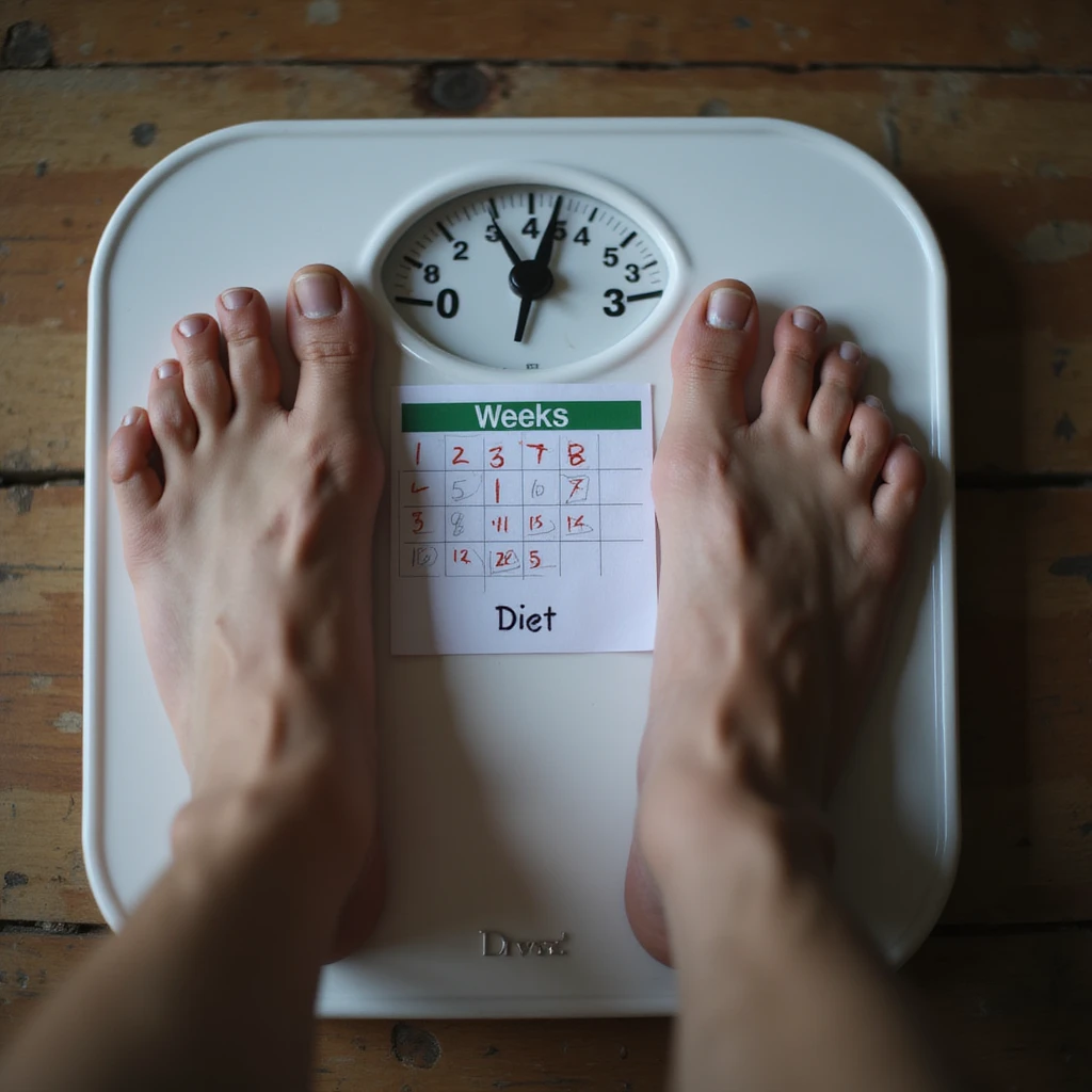 man weighing himself on a scale showing the same weight for weeks, calendar with crossed out days and the word 'Diet', realistic atmosphere, 4K details emoji