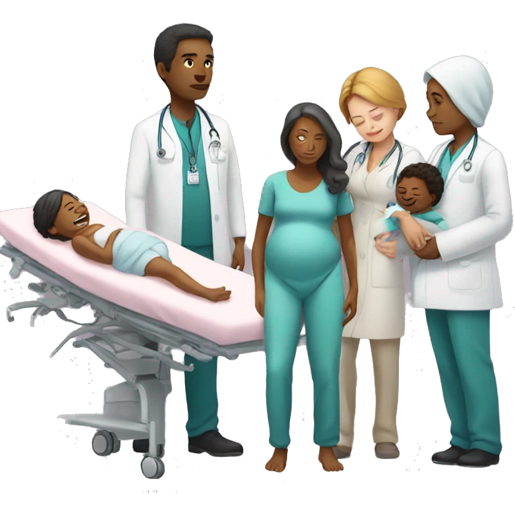 a woman gives birth and doctors stand nearby emoji