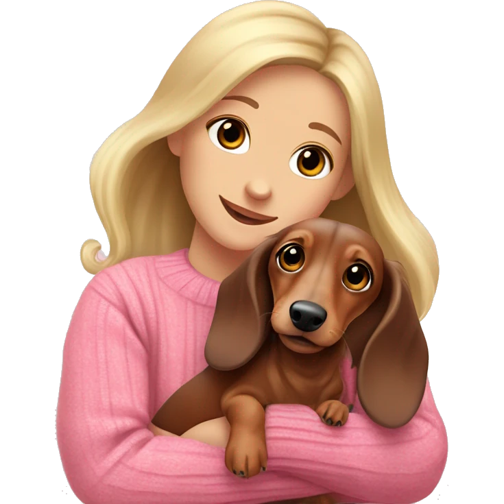 a cheerful long-haired brown marble dachshund in full height on the side in the arms of a blonde girl in a pink sweater emoji