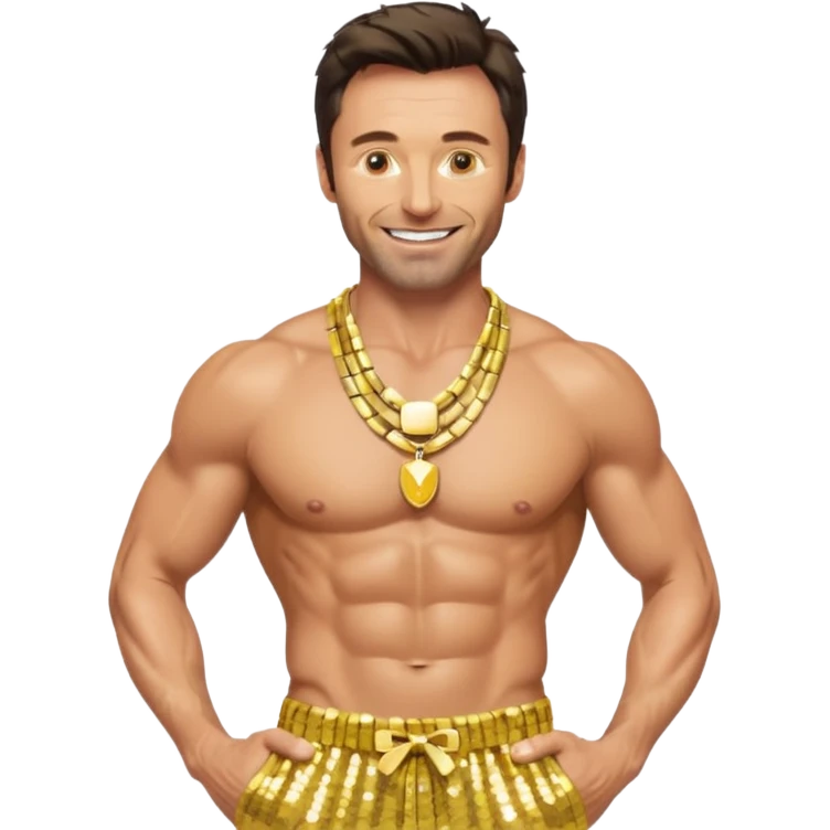 Hugh Jackman with yellow sequin baggy pants, shirtless with necklace emoji