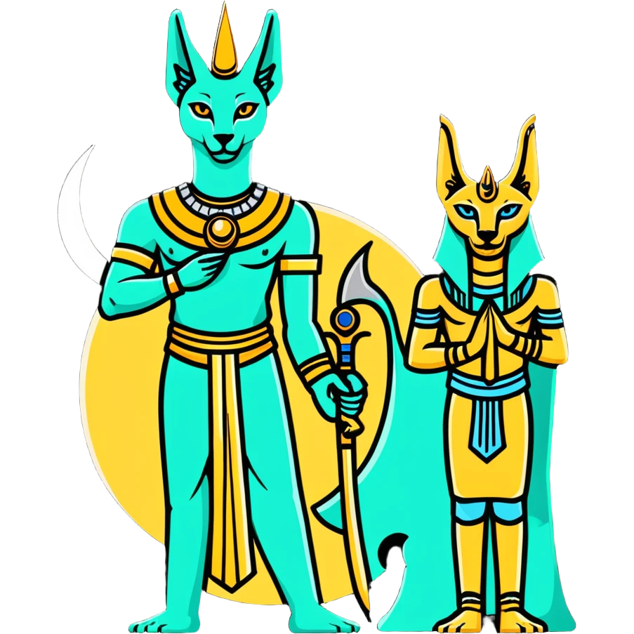 Egyptian gods Osiris with green skin and Atef crown, Khonsu with falcon head and moon symbol, and Anubis with jackal head standing together emoji