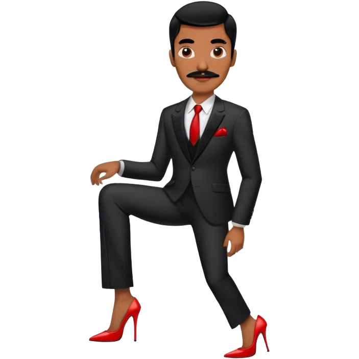 Man in a black suit suit and red strappy high heels with black hair and black mustache and brown skin emoji