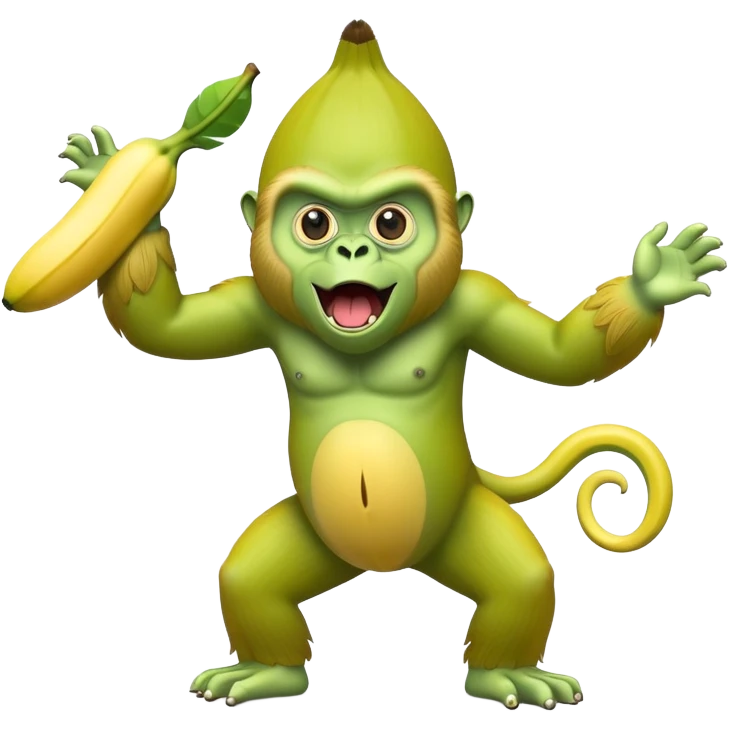 A yellow banana with arms and legs and a green gorilla head with expressive eyes emoji