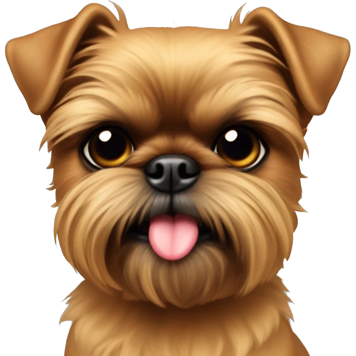A face shot of an all tan Brussels griffon with black eyes ears sticking up and a tongue out emoji