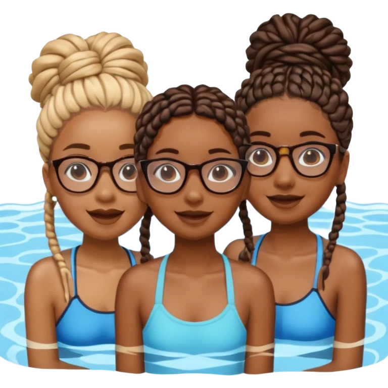 3 black girls im the pool having fun, one is tall caramel skin and slim with glasses and coller bone mini twists, the other is dark skin with no glasses and neck shoulder length mini twists and the last girl is short and chubby with box braids and no glasses  emoji