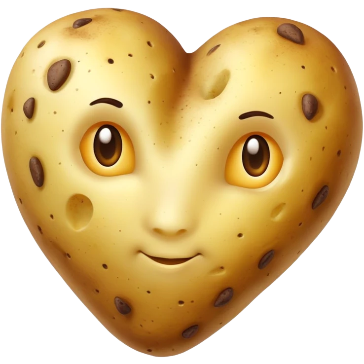 Photorealistic heart-shaped potato with golden skin and brown spots on white background. emoji