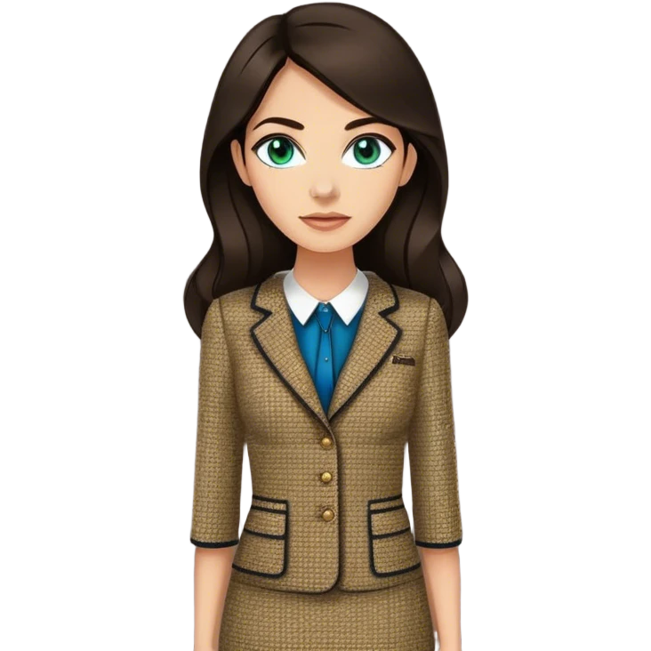 a 30 year old female venture capitalist with 50% greek and 50% american genes, 6 ft tall, long dark brown hair and blue/green eyes, wearing a chanel tweed professional dress, tan skin (make teh eyes a little less bright) emoji