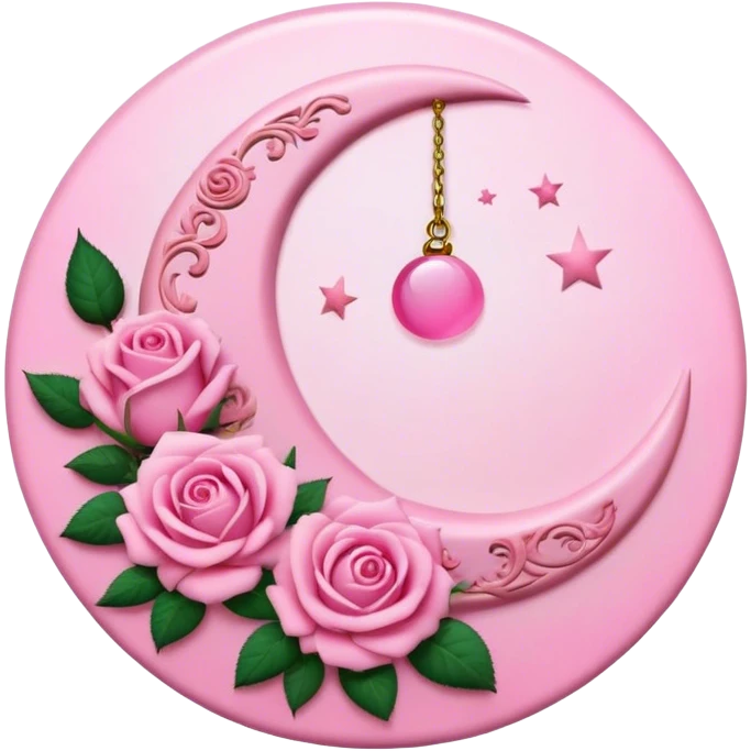 A round pink button with a crescent damask moon and pink roses in the center emoji