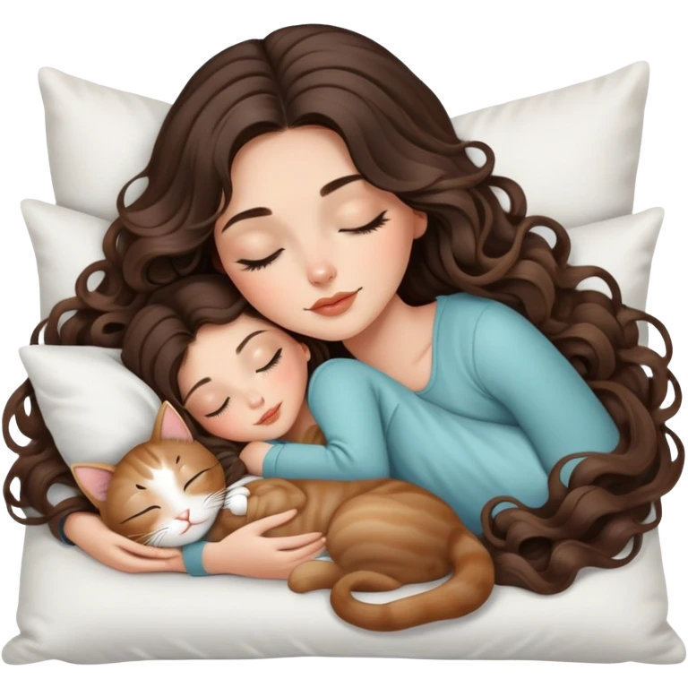 beautiful brunette with a light balayage white girl with nice curls/defined waves, very long hair, clean girl makeup SLEEPING ON A PILLOW WITH HER TWO KITTIES emoji