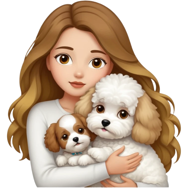 A beautiful olive skinned girl with long flowy brown hair and blonde highlights, hugging a white bichon frise emoji