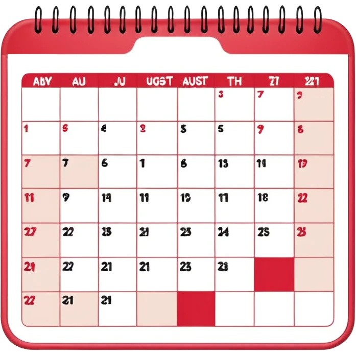 a monthly calendar labeled “August,” with rounded square date boxes, scalloped border frame, playful red doodle lines, and a cozy planner vibe. Minimal kawaii style, flat pastel color palette, slightly imperfect sketch lines, centered object, no background emoji