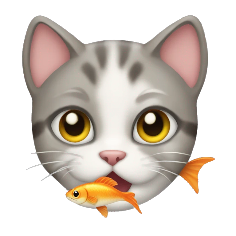Cat with adorable eyes holding a fish in its mouth emoji