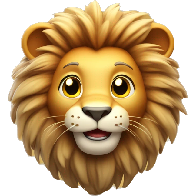 3D cartoon lion character with soft fur texture, small body with big head, gentle gradient background, sitting playfully with a big smile, warm lighting emoji