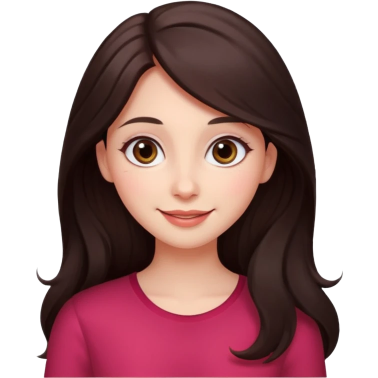 An featuring a woman with dark brown long hair, brown big eyes, light pinkish skin, red cheeks, sweet emoji