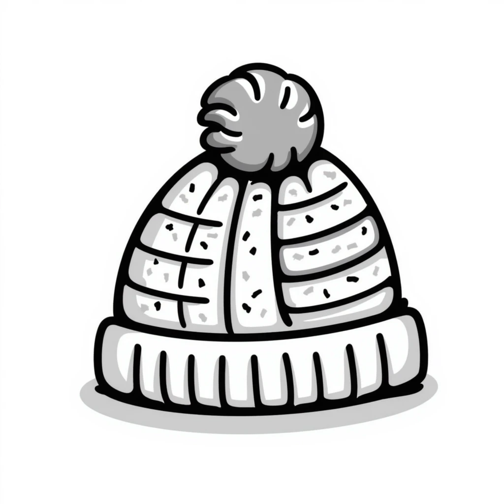A knitted hat/beanie in pastel colors (dd9fb0, ffc6d3, a3bfc9, c4bee2, f1b091), hand-drawn doodle style emoji
