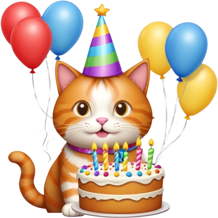 Ginger cat celebrates birthday, birthday hat, birthday cake, balloons, happy emoji