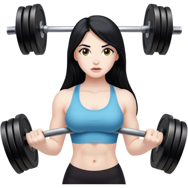 Pale girl with long black hair lifting weights emoji
