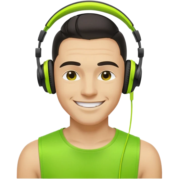 yellow-skinned guy head with slicked back black undercut hair and neon green headphones, smiling emoji