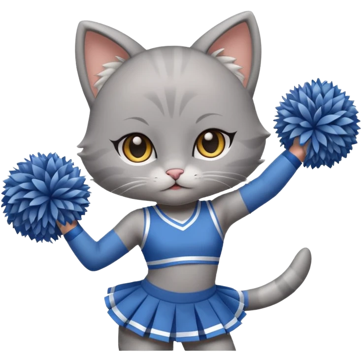 A cute chibi sleek grey cat cheerleader twirling pom-poms with confident energy. emoji