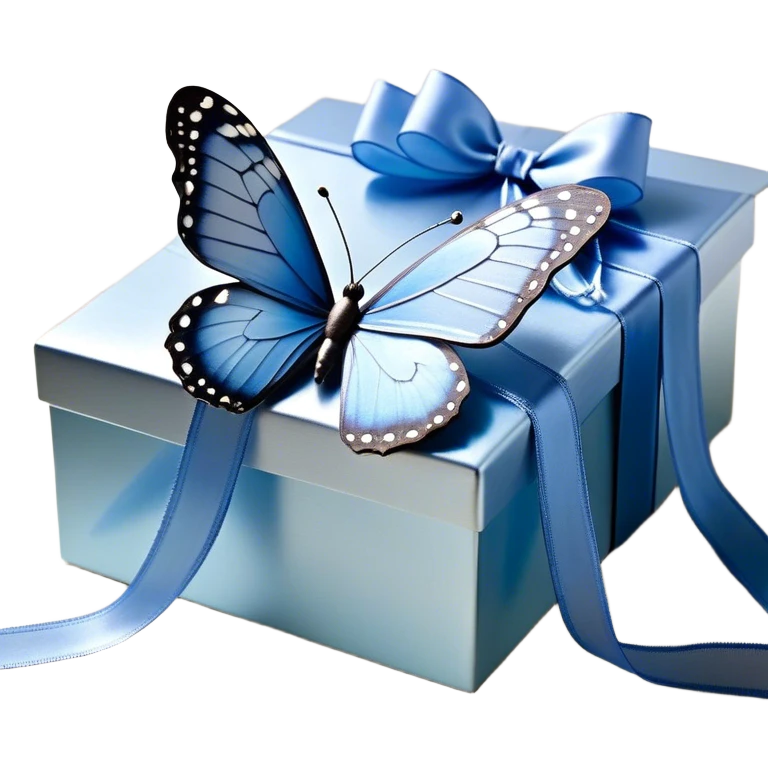 A translucent blue butterfly with pearl-like speckles rests gently on a cascading satin ribbon, its soft sheen reflecting the morning light. The ribbon, tied into an elegant bow, drapes over a lace-trimmed wooden box, while delicate shadows dance across its surface. Another butterfly, with wings as light as gossamer, flutters nearby, its movement barely stirring the air. emoji