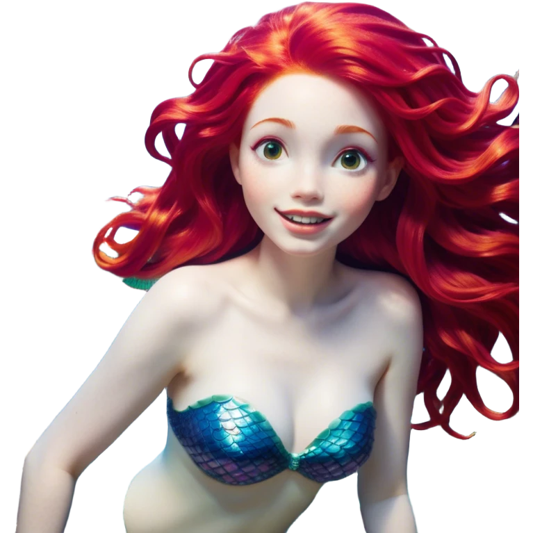 Cinematic Realistic Red Hair Mermaid Portrait, head tilted dramatically with an exaggeratedly amused expression, featuring a striking, vibrant form with meticulously detailed, flowing red hair and luminous porcelain skin. Her expressive eyes burst with playful marine mischief, rendered with dynamic underwater lighting and vibrant textures that convey an air of cheeky oceanic whimsy and over‐the‐top mermaid charm. emoji