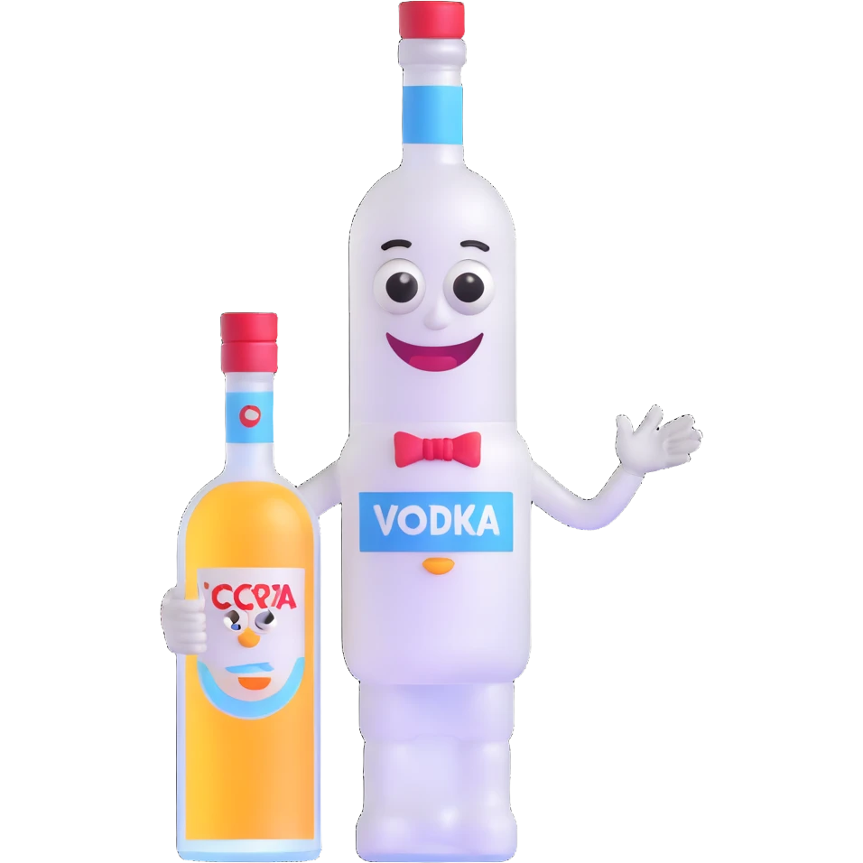 3D vodka bottle character with eyes, smile, arms and legs emoji