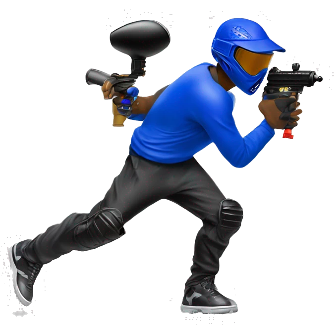 Brown skin paintball player wearing a royal blue long sleeve jersey, black pants, white shoes and running with a paintball gun in hand emoji