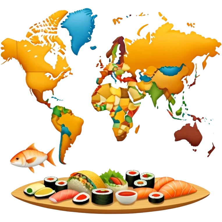 Icon for Culinary Tourism: a world map where the continents are made of various foods, like Fish - North America, sushi - Eurasia, tacos for South America, etc. The icon should represent global culinary exploration and travel. Transparent background. emoji