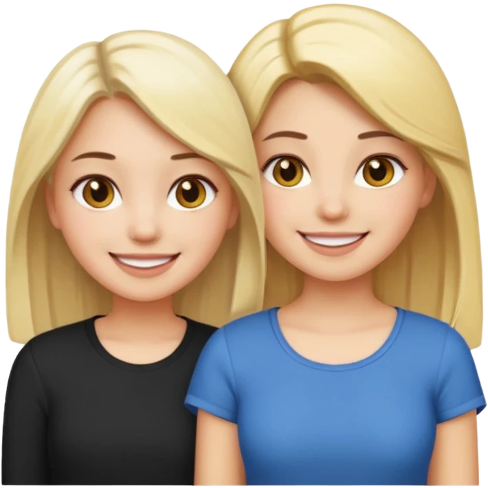 two girls, best friends, one with dark hair and one with blonde hair, smiling together, emoji style emoji