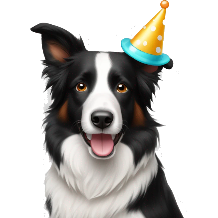 A freckled black and white Border Collie wearing a party hat.  emoji