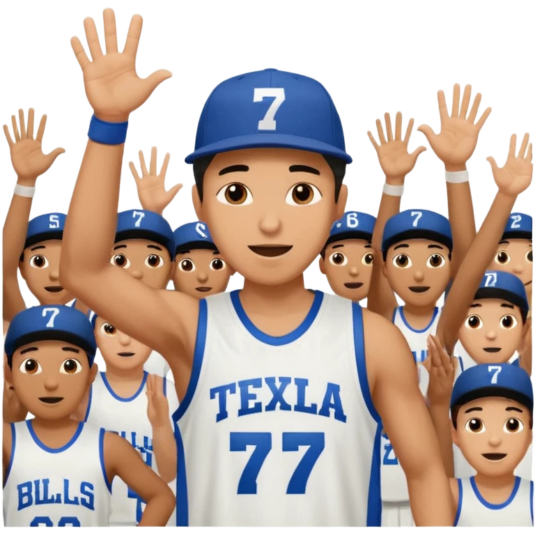 Maverick Trevillian in the crowd at an amateur basketball game. He leans towards the camera and enthusiastically shouts "six seven while performing a distinctive hand gesture: both hands open, palms facing upward, moving up and down as if weighing two options. emoji