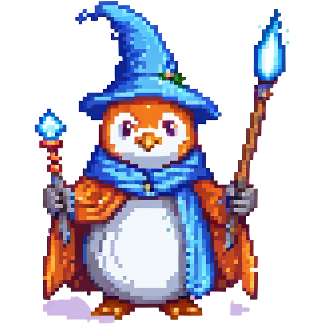 pixel art penguin wizard holding a wand, with a blue cloak and magical effects emoji