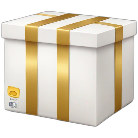 white delivery package, box, emoji, with gold strap around it emoji