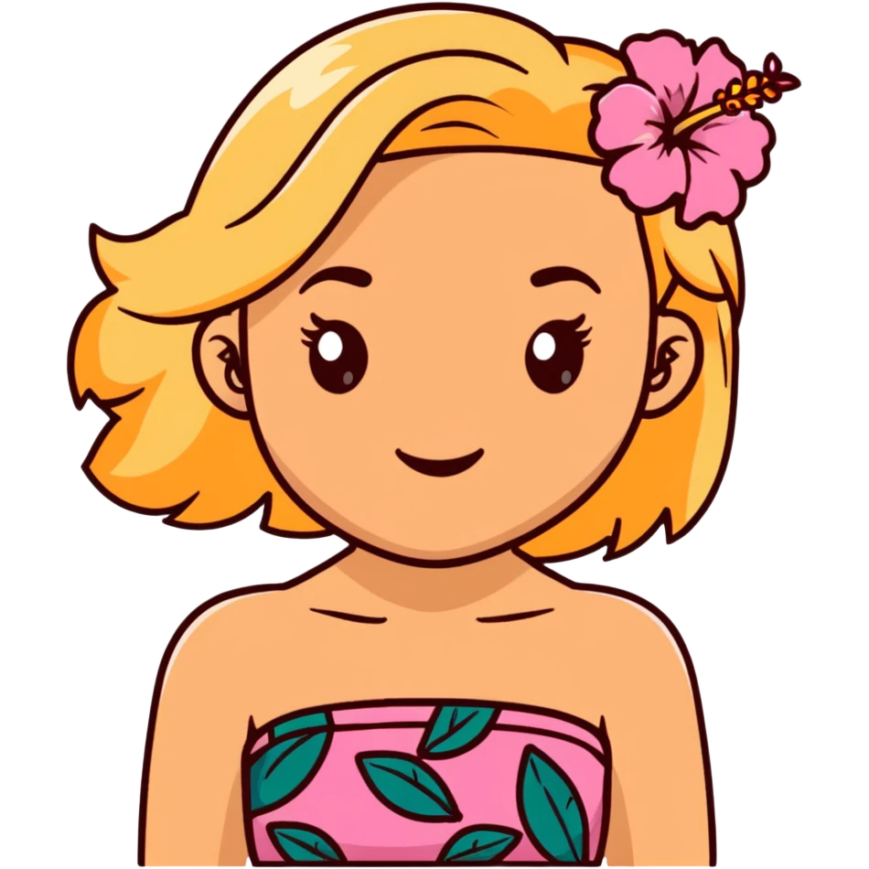 tan girl with blonde hair and brown highlight streaks with a hibiscus flower in her hair wearing a pink tube top with tan lines showing emoji
