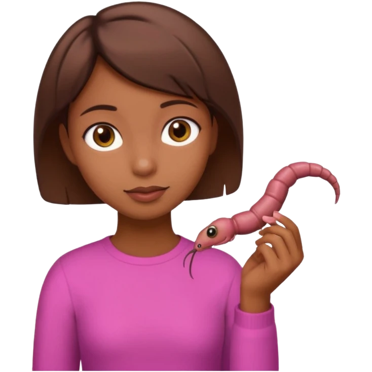 a girl with brown eyes, brown short hair and a worm emoji