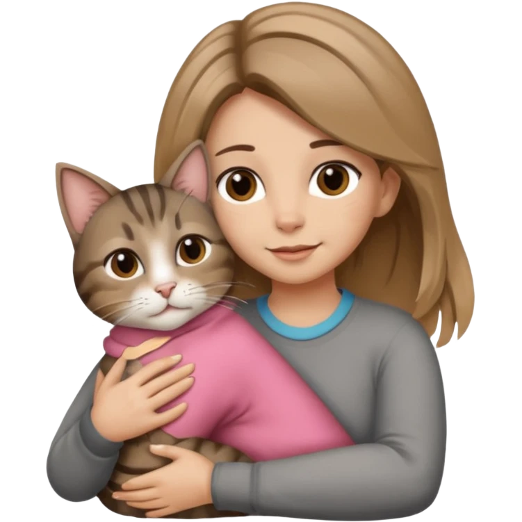 Une femme avec les cheveux dégradée, brun et blond, qui fait un câlin à son chat gris, tigré avec les extrémités que pattes pointe d’oreilles noires et le dessous du menton blanc  emoji