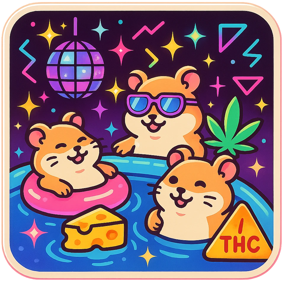 square Discord server icon, retro 80s/90s nostalgia style, hamsters at a pool party with weed leaves, cheese, THC details, disco ball, neon colors, geometric shapes, bold outlines, sparkles, centered clear fun composition emoji