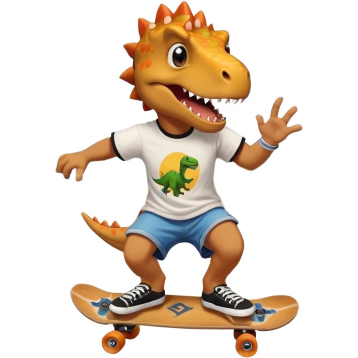 Dinosaur skateboarding at the skate park wearing a t-shirt and doing six seven emoji