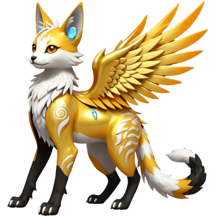 Epic complex fantasy glorious detailed futuristic divine godly angelic feathery sunny, white, albino, pastel, golden, orange glowing sparkly, realistic Fakémon-Sprigatito-Floragato-Meowscarada-Trico-Sergal-Serval-Solgaleo-Vernid-creature (full body) solarpunk, shiny sparkly with a gold laurel emoji