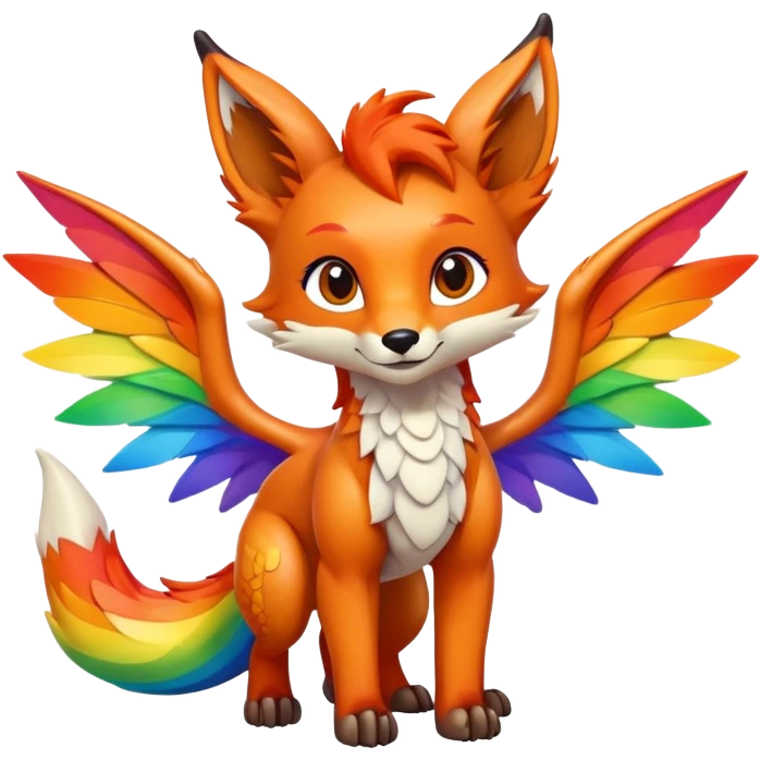 Cartoon Fox dragon hybrid with wings face front full body rainbow colored emoji