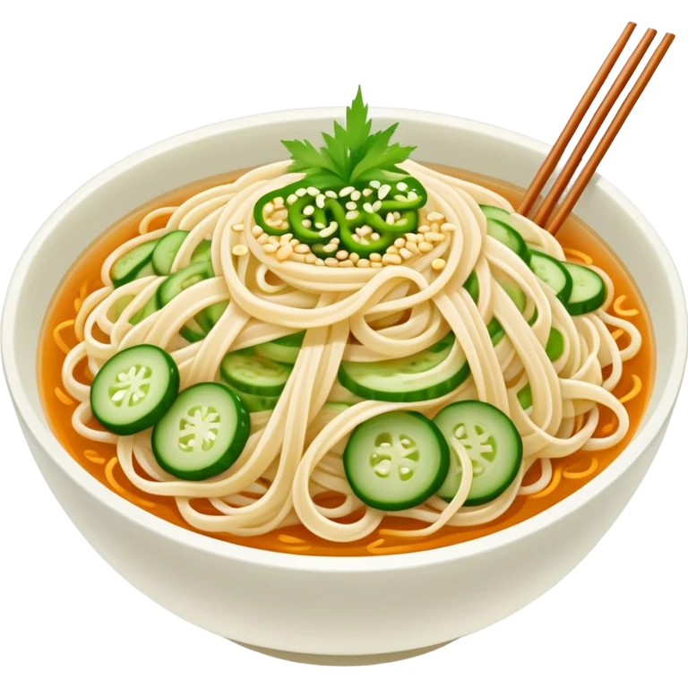 Liangpi Cold Skin Noodles with julienned cucumber and sesame sauce, simplified emoji style with bold outlines and bright colors, cartoon style Shaanxi cold appetizer emoji