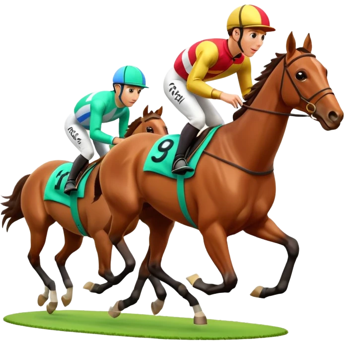 A 3D cartoon horse race scene with jockeys in motion, grassy track, bright daylight, Memoji-style rendering. emoji