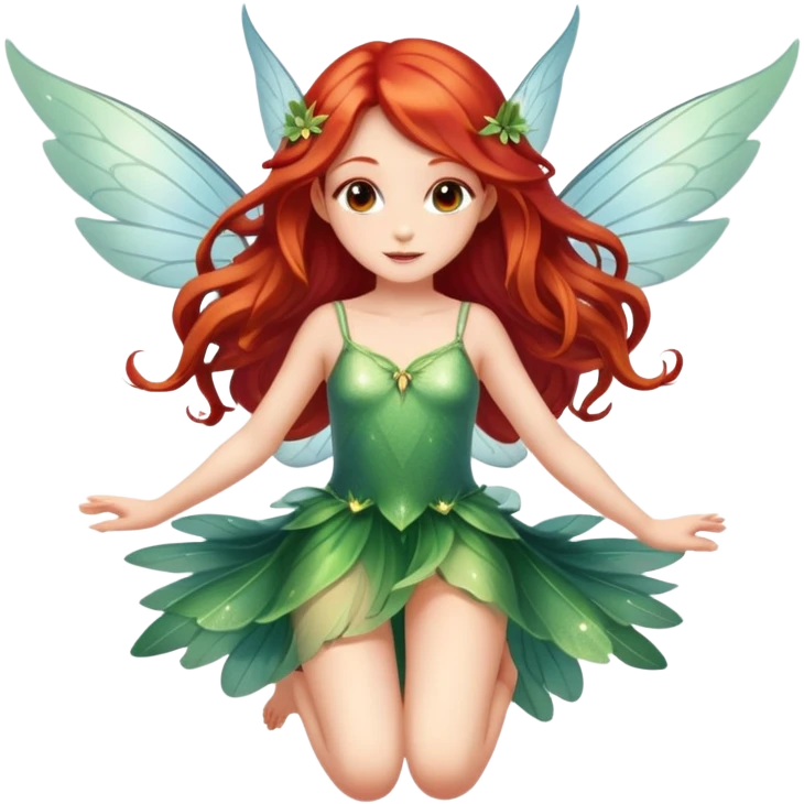 Une magnifique fée mignonne avec  de belles ailes qui scintillent une magnifique robe naturelle avec de très long cheveux roux avec des yeux marrons de belle jambe qui vol et  emoji