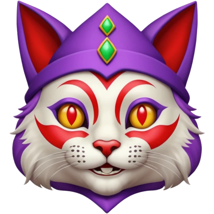 crazy colorful cute little cat jolly joker from poker, medieval, vintage, court jester, mac os icon, purple and red color, chromed inserts, half body emoji