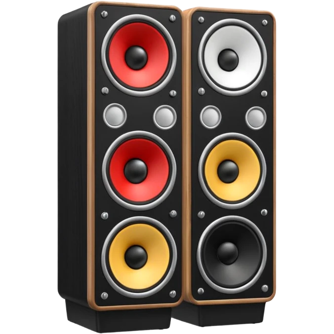 3D render of Speaker Stack, vintage 1980s audio equipment aesthetic, tactile analog buttons, matte black cabinet with a large white cone center, mixed wood grain and brushed aluminum textures, Apple emoji style, isolated on white background --v 6.0 emoji