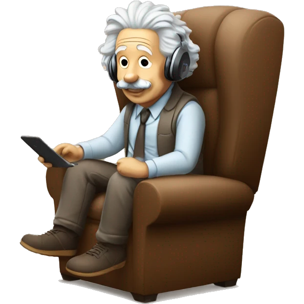 albert einstein happy listening music with just wireless headphones while sitting on the brown chair emoji