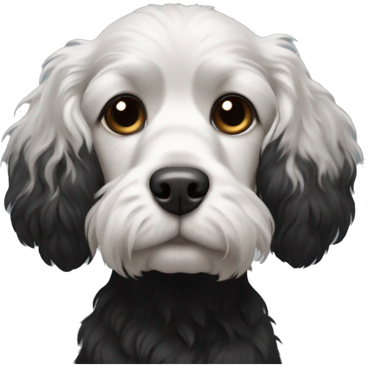 Small completely black spaniel with black fur on his whole face and white fur only on his chest emoji